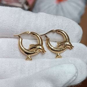 VINTAGE CARLA 14k Gold Hoop Earrings Dolphins Solid Real 14kt